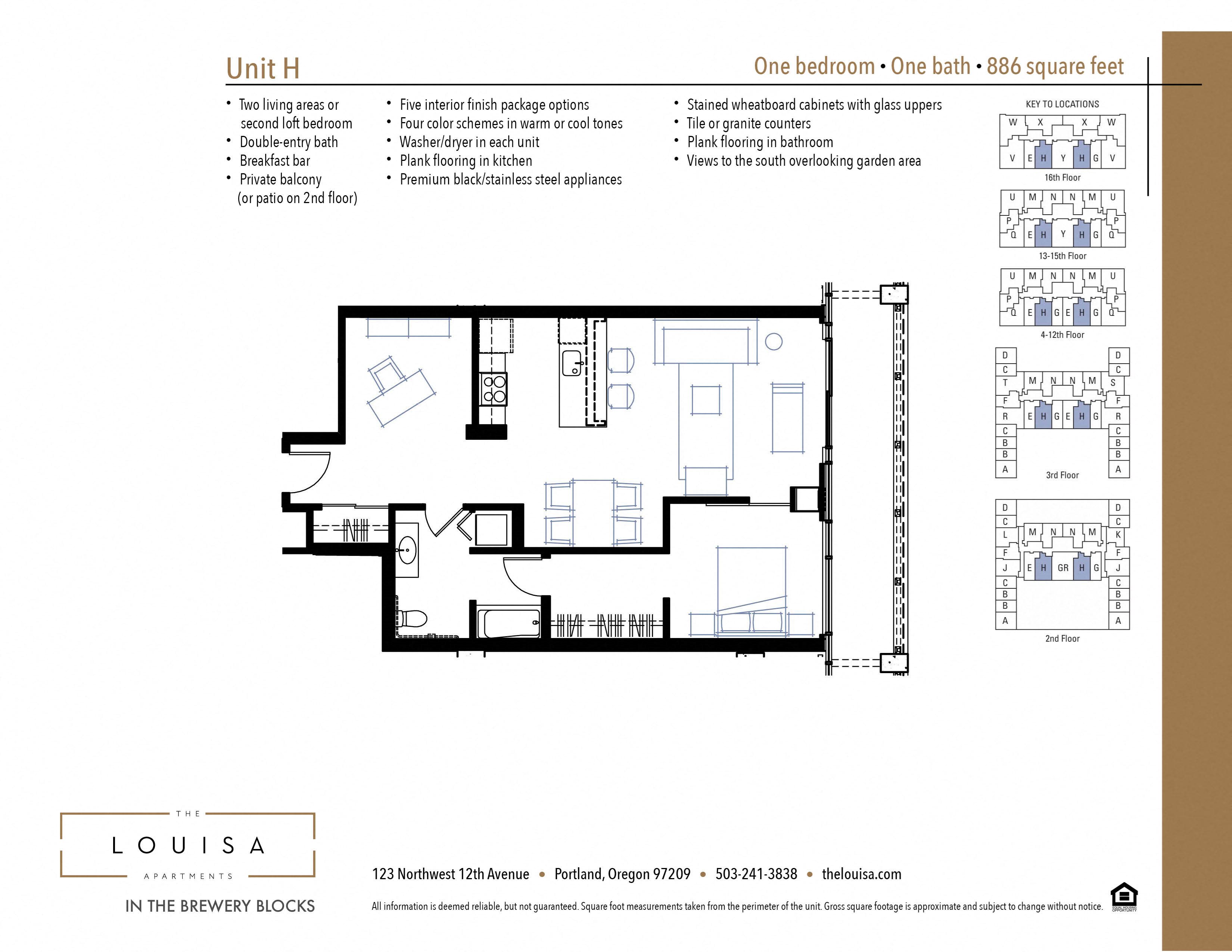 1 Bed 1 Bath (H) Floor Plan 1 Bed 1 Bath (H) Floor Plan at The Louisa Apartments in Portland, Oregon